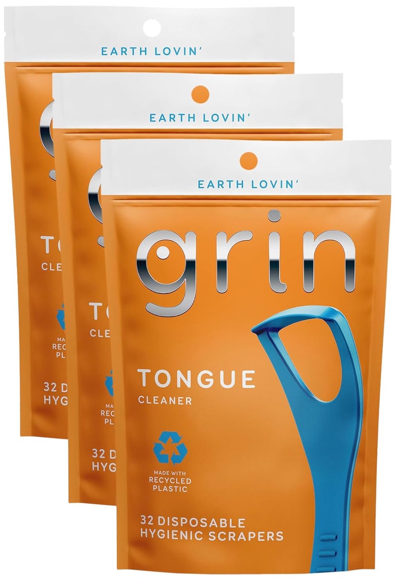 GRIN منظف اللسان، 32 قطعة، منظف لسان قابل للتخلص، مكشطة صحية، بلاستيك معاد تدويره، لسان نظيف، يعزز نفساً منعشاً، يتضمن عود أسنان آمن قابل للطي (عبوة من 3) - Image 1